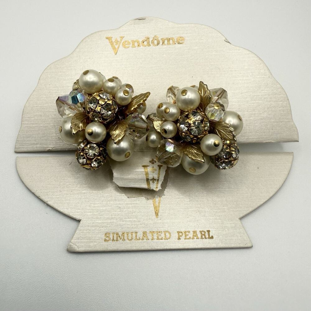 Vintage Vendome Earrings Gold Tone Clip AB Rhinestone Pearl Cluster on Card